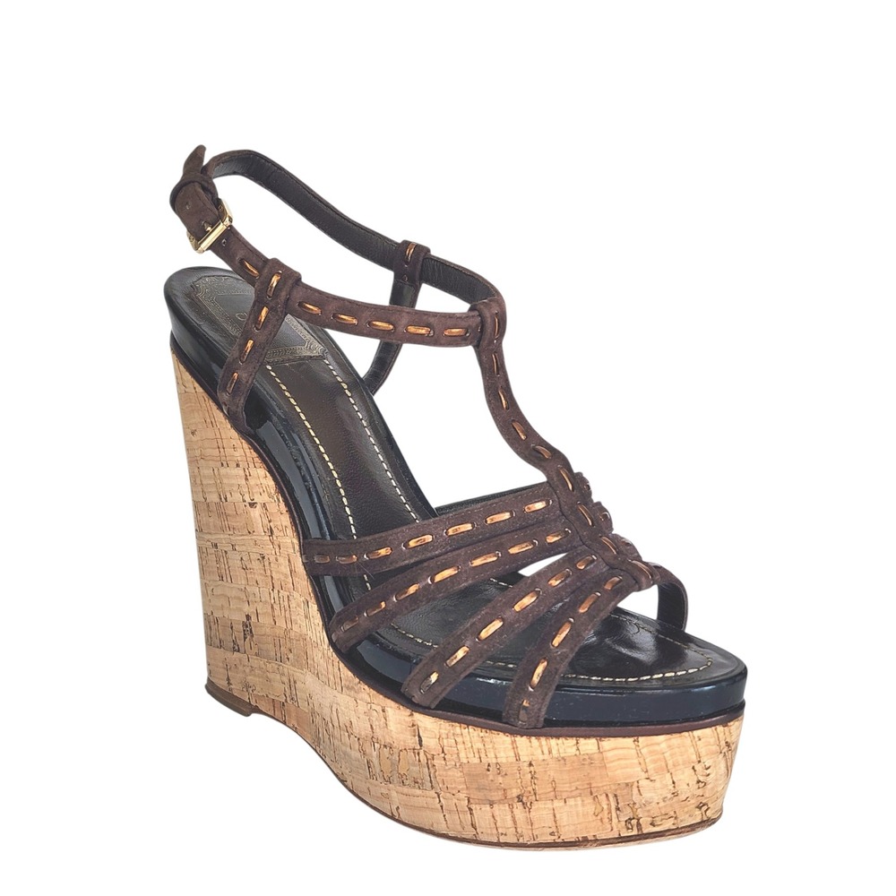 Christian Dior Brown Suede Cork Platform Wedge Sandals T-Strap Italy 39